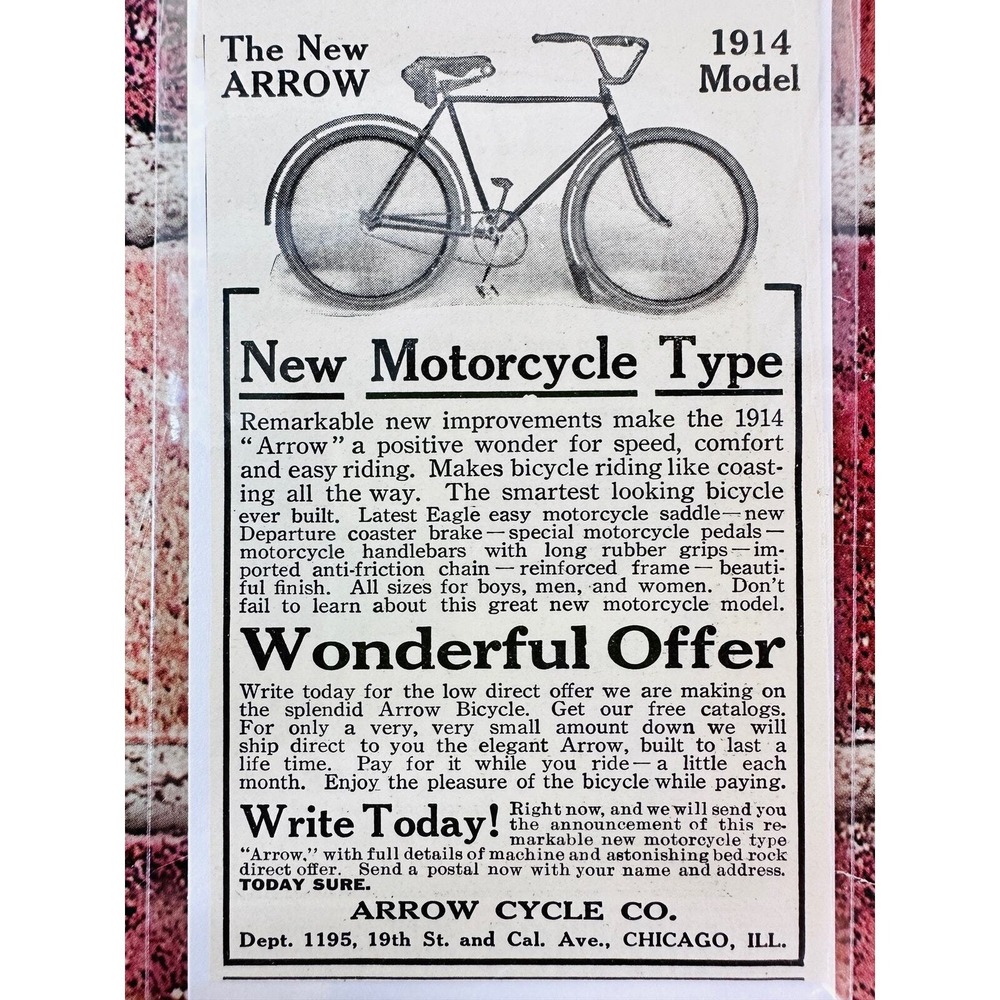 1914 Arrow Cycle - New Motorcycle Type - Original Antique Vtg PRINT AD